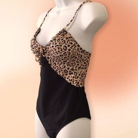 No Boundaries One Piece Leopard Print And Black Swimsuit Size S 3/5 Juniors - Picture 6 of 16